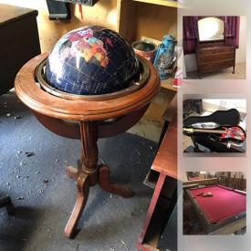 MaxSold Auction: This online auction features paintings, Antique Opera Theater Seats, Chinese Style Wool Rug, Fire Place Tools, Insulators, Guitar, Oak Side Table, Antique Chest Of Drawers, Pool Table, medical bed, Gremlin Electric Guitar, and much more!