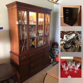 MaxSold Auction: This online auction features luggage, file cabinet, hutch, ceramics, decor, glassware, linen, kitchen items such as cutting boards, knife block, utensils, small kitchen appliances, fine china, baskets, Waterford crystal, dining table and chairs, Limoges vase, throw pillows and much more!