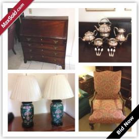 MaxSold Auction: This auction features Singer Sewing Desk, Lamps, Entertainment Center Shelves, Upholstered Wooden Arm Chair, Sleep Sofa, Oval Swing Leg Dropleaf Table, Chest Of Drawers, Secretary Desk, Wingback Upholstered Chair With Ottoman, Pedestal End Table, Rocking Chair, Sideboard, Rugs, Silver plate, Candelabras, Crystal, Wedgwood, China, Sauder Woodworking Computer Desk and much more!