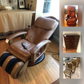 MaxSold Auction: This online auction features FURNITURE: Antique English desk, hand-painted occasional table; Hand-painted screen; English mother-of-pearl tray table; 4 dining chairs; leather massaging recliners; 4 counter-height rattan chairs; French chest of drawers and much more!