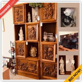 MaxSold Auction: This online auction features Spanish made chestnut furniture, hand carved matching storage units, collectible art, glassware, lladros, books, oak bookcase, wrought iron throne, filing cabinets, metal bakers rack, bookcases, candles, plants, religious items, Nikon camera, home care items, lithograph and other art, glassware and other serving pieces, kitchen items, tea set, baskets, baking supplies, hat boxes, wrought iron screen, TV, chopping block, KitchenAid mixer, costume jewelry, tools and much more!