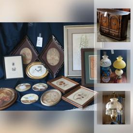 MaxSold Auction: This online auction features Floral Poppy China Set, Milk Glass, Dark Wood Night Stand, Crystal Prism Lamp, Dry Sink Storage, Rustic Heavy Legged End Table, Sewing machine, and much more!