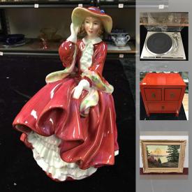 MaxSold Auction: This online auction features Ornamental Sundial, Le Creuset Cook Ware, Antique Postcards, Vintage Teak Desk, brass vase, Vintage Turntable, Vintage Royal Worcester Evesham, Hammersley Dresden Sprays teapot, Royal Albert Tea Set, Vintage Pyrex, Vintage Royal Doulton Figurines, and much more!