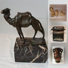 MaxSold Auction: This online auction features bronze statue of a camel, tapestry, Antique cast iron match holder, George Washington cast iron bank, Antique primitive wooden barrel, newspaper from the end of WWII, oil on board painting, WWII era German flashlight, Zipo lighters, Industrial Antique Beam Scale, and much more!