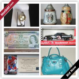 MaxSold Auction: This auction features Hot wheels, autographed hockey card, hockey books, heater, beer steins, men and women's watches, Barbie, purse, 1969 Canadian bank note, chest, costume jewelry, lamps, mirror, decor, glassware, hand crafted wine presenter and more.