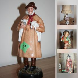 MaxSold Auction: This online auction features Royal Doulton Figurines, Dresden Table Lamp, Goebel Figurines, Dresden Figurines, Viaticum Wall Altar Box, Wood Side Table, Tiffany Style Lamps, 50" LG 3D Television, Riga Royal Devon vase, Asian Doll in Display Case, Italian Lead Crystal Tiered Table Lamp, Royal Doulton Jugs, Hand Painted Nippon Teapot And Limoges Teacups, Glass Top Wood Coffee Table, Birks Sterling, and much more!