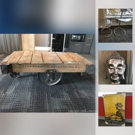 MaxSold Auction: This online auction features large Buddha statue, vintage railway luggage cart, furniture such as leather sofa, workstations, chrome and glass table, and office desks, art such as framed movie posters, electronics such as HP printer, Venus laminator, and Bluetooth headphones, appliances such as GE wine fridge, Kenmore dishwasher, and Blomberg dishwasher, small appliances, office supplies, and much more!