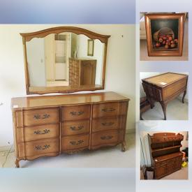 MaxSold Auction: This online auction features Ethan Allen curio clock, furniture such as Pennsylvania House dry sink, entertainment centre, vintage end table, 9 drawer dresser with mirror, and Bassett cabinet hutch, Samsonite luggage, framed prints, floor lamps, books, ceramic figurines, and much more!