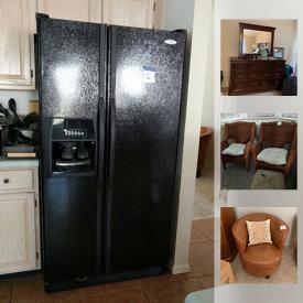 MaxSold Auction: This online auction features FURNITURE: END TABLE COMPRISED OF A TEMPERED GLASS TOP, HEAVY POT AND WOODEN STAND; leather chairs; glass and metal table and chair set, bar height table and chair set; king bedroom suite with dresser, two end tables and TV stand with drawers; office furnishings; entertainment unit; marble top end and coffee tables and more! APPLIANCES: Whirlpool side by side fridge. CHINA: Mikasa "Parchment" service for 8; Better Homes and Gardens Christmas dishes. GLASS/CRYSTAL: Amber plates and bowls; etched stemware; snack set. COLLECTIBLE: MS Dee pewter necklace sets - some with matching earrings or pins in decorative casess and much more!