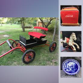 MaxSold Auction: This auction features Antique Horse Buggy, Antique Moorcroft Pottery Lamp On Brass Base, Antique 1950s Mobo Rocking Horse, Antique East lake Chair Fabric, Antique Coke Cooler, Windup Toys, Hot Wheels And Matchbox cars, Antique Window Frame Mirror and much more!