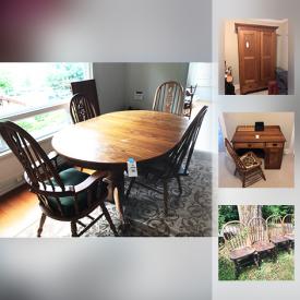 MaxSold Auction: This online auction features VINTAGE FURNITURE: Oak wardrobe, Oak desk and chair, 2-piece headboard, full length mirror, several chairs; stools. COLLECTIBLE: POTTERY! GLASS: Blue-rimed Mexican stemware, glasses and pitchers. ART: Originals. Electronics. Yard and Garden and much more!