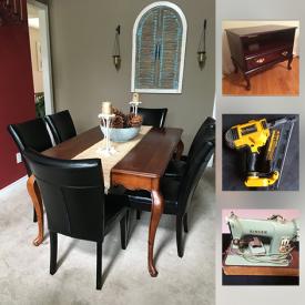 MaxSold Auction: This online auction features FURNITURE: Six leather Parson dining room chairs. TOOLS: Dewalt circular saw, tough cart system, impact driver and more! Yard and Garden: Electric lawn mower. VINTAGE: Singer sewing machine in case. CRYSTAL: 29 PIECES and much more!