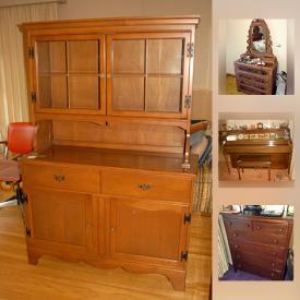 MaxSold Auction: This online auction features ANTIQUE: Burled wood bedroom suite; chest of drawers; wagon wheel hub; books; ephemera; oil lamps; pocket watches. VINTAGE: Drum table, rocking chairs, MCM desk and teak arm chair; step stool; chests, comics/Mad and Aviation magazines; ephemera; tins toys/doll; costume jewelry; quilts. FURNITURE: Krug buffet and hutch, 3 dining tables and chair sets. ART: Jack Reid watercolour; prints. COLLECTIBLE: Coins/currency; toys; Moorcroft bowl; Hummel figures; LP'S. GLASS: Cut/pressed serving pieces, punch bowl set, OPALESCENT BOWL. MUSICAL INSTRUMENTS: Henry F Miller upright piano, recorders and 5 vintage harmonicas, Colombia zither, violin/fiddle. CHINA: Aynsley "Devonshire" dish set; tea cup sets. TOOLS. YARD AND GARDEN and much more!