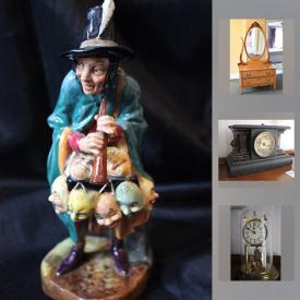 MaxSold Auction: This online auction features COLLECTIBLE: SILHOUETTES; BRASS including horse brass; walking sticks; 25 mini Toby Jugs as well as other miniatures; LP's; Blue and white ceramics; vintage slag glass lamp; ROYAL DOULTON FIGURINES; Hummels; vintage mantle clocks; Limoges dresser set and more! FURNITURE: Dry sink; 2 vintage washstands; trestle dining table, 4 chairs; maple bedroom suite; WOODEN FILE CABINET; vintage oak and maple dressers; vintage display cabinet and waterfall server. GLASS/CRYSTAL: Cobalt blue, CRANBERRY, Edinburgh decanter, cut/pressed serving pieces, vintage bottles/insulators. CHINA: Vintage covered cheese keepers; Broadhurt tea set; Blue and white dishes; Royals; Crown Staffordshire; Adderley "Love in a Mist" dishes; Spode and Coalport pieces and more! VINTAGE: Metal tractor seat, cauldron on stand; Mercury wagon; wooden crates; enamel/stoneware bed warmers; school desk and chair and more! YARD AND GARDEN: Metal trellis - 6 panels 16X80, fire table, twig patio furniture. TOOLS: Workbench, hand tools, yard tools, vintage tools. Appliances: FRIGIDAIRE UPRIGHT FREEZER and much more!