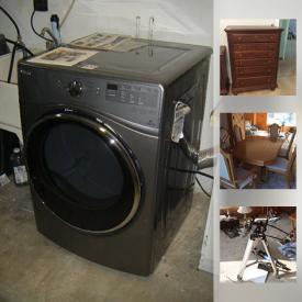 MaxSold Auction: This online auction features FURNITURE: Dining room suite, bedroom suite, bistro set, rolling kitchen island. APPLIANCES: Whirlpool washer and dryer, Woods upright freezer. TOOLS: Power and hand. YARD AND GARDEN: Yardworks lawn mower, bird bath, benches, potted plants, gnome collection. COLLECTIBLE: Stamps and coins, Wedgwood Jasper ware, Wade figures, mini tea set. SPORTING GOODS. Jewelry: Sterling brooches. Old Wedgwood china. GLASS/CRYSTAL: Stemware and serving pieces. ART: Originals and limited, signed editon prints and much more!