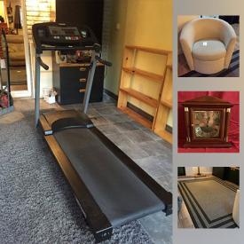 MaxSold Auction: This online auction features Silver plate, Bulova Mantel Clock , Floor Coverings, Chocolate Brown Leather love seat, Baseball Gloves, Costume Jewelry, Bedroom furniture, Exercise Equipment, Teak Desk and much more!