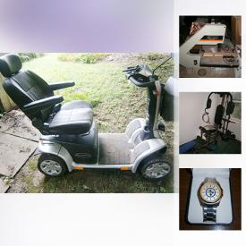 MaxSold Auction: This online auction features EXERCISE EQUIPMENT: Total Sport america Weight Trainer machine, Smooth Fitness Cycle machine. HOME HEALTH: Pride Scooter. ELECTRONICS: Sony stereo components also Yorx and Panasonic speakers. APPLIANCES: Frigidaire chest freezer. TOOLS: Black and Decker Bandsaw, Miter box, workshop tools and hardware. FURNITURE. ART: Framed needlepoint. VINTAGE: Projectors. COLLECTIBLE: Trays including a Couroc. CHINA: Handpainted tea set and much more!