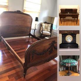 MaxSold Auction: This online auction features an c 1900's English cherry writing desk, Louis XVI French walnut bed; old master artwork, vintage prints; Italian, French and Spainish ceramics, linens, stemware; Vintage slag glass table lamp. Silver, sterling silver and turquoise jewelry, as well as a pair of 14K gold clip on earrings. NIB All Power generator and much more!