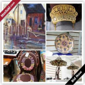 MaxSold Auction: This auction features Original art, Royal Doulton, china, hats, lamps, Pyrex dishes, wrought iron garden bench, needlepoint furniture, acrylic on canvas, books, accordion, blanket box, fireplace screen, stamp collection, blender, and much more! If you love art, this is the auction for you!