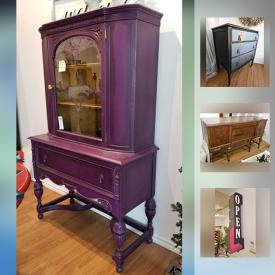 MaxSold Auction: This online auction features Tallboy Dresser, Curio Cabinet, Art, Wool Blanket, Blanket Rack, Oak Sideboard, Desk, wood dining table, Gateleg Table, Highboy Dresser, Sofa, Cedar Chest, Held Labbatts Crystal Beer caps, Mid Century end table, and much more!