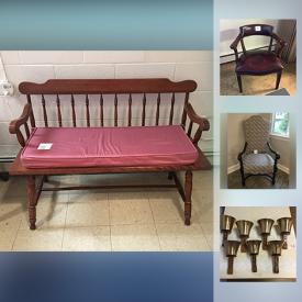 MaxSold Auction: This online auction features instruments such as hand bells and drums, furniture such as Thomasville end tables, a solid wood pew bench, metal frame stacking chairs, and a wood frame armchair, a wheeled book cart, choir robes, and much more!