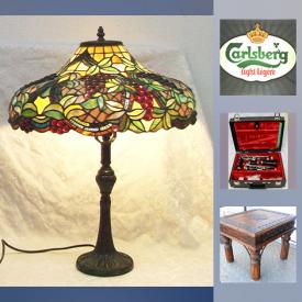 MaxSold Auction: This online auction features Royal Doulton Thougherbred Race Horse, Super Blown-Out Stained Glass Table Lamp, Oil Painting on Board Signed 'Radeck', Gothic Heavy Wood Wrought Iron Metal Four-Legged Table, Antique English Cups & Saucers, Antique Chinese Silk Painted Wood Framed Lantern, Vintage Coke Wood Sign, Murano Glass Clown, COCA COLA bottle radio, Miller Highlife Beer Advertising Lamp and much more!