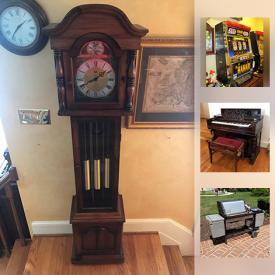 MaxSold Auction: This online auction features ANTIQUE: Jewitt & Goodman Excelsior Piano, sad irons and stand, Royal typewriter. VINTAGE: Singer treadle sewing machine in cabinet. COLLECTIBLE: Metal banks; Asian decor and ceramics; copper pots and pans; figurines. FURNITURE: Ridgeway grandfather clock; LADIES DESK AND CHAIR; Victorian sofa; ornate chairs and footstool and more! TOOLS: Briggs and Stratton generator; Chicago Electric Arc Welder; Craftsman grinder; antique and vintage. Casio keyboard. YARD AND GARDEN: Outdoor tables and chairs in various materials; ENDLESS SUMMER HEAT LAMP; 2 Weber grills; and more! CHINA: Wedgwood, Limoges; Royal Doulton "Rose Elegans" dish set and much more!