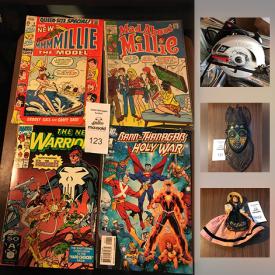 MaxSold Auction: This online auction features Trading pins - Disney and sports; Comic books; dolls; LP's; American Pewter figures; German steins and pitcher set. Paintings, prints, embroidery. TOOLS. Ceramics. Jewelry repair/crafting table and much more!