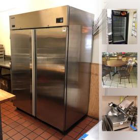 MaxSold Auction: This online auction features industrial stoves, deep fryer, commercial stove, food prep stations, metal carts, glassware, stemware, bowls and plates, storage racks, tables and chairs, office supplies, storage cabinet, wall art, Yamaha receiver, SHARP TV, vases and stands, vintage vase, beverage refrigerator and much more!