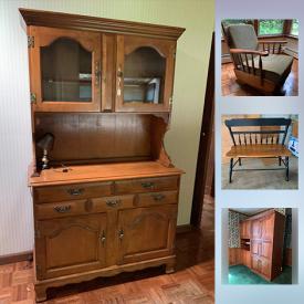 MaxSold Auction: This online auction features Wood Colonial Bench, Cedar Outdoor Dining Table, Rocker, Dining Room Set, King Sized Wood Arts and Crafts Bed frameOak Church Pew, and much more!