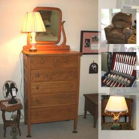 MaxSold Auction: This online auction features a table, bedframe, curio cabinet, antique potty chair, oil lamp, artwork, bedding, book collection, couch table, frames, dishes, vases, glassware, binoculars, ladies coat, ceramic wreath, mugs, serving plates, music box, recliner, flatware and much more!