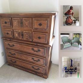 MaxSold Auction: This auction features Retro Espanol oak head board, dresser, Postcards, art, Bombay table, Chairs, old scale by Salter, brass table top mirror, Wicker Chairs, Bohemian Cobalt Glassware, Royal Adderley Arcadia dishes and much more!