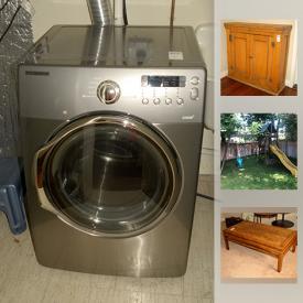 MaxSold Auction: This online auction features a metal and glass fireplace, furniture such as a bookcase, office chair, storage bench, bed, cabinet and more, appliances such as a washer, dryer, dishwasher and more, fur coat, laundry sink, speakers, art, bikes, stained glass, childrens playground swing and slide set, terrarium and more!