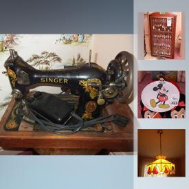 MaxSold Auction: This auction features Record Player, records, teacups and saucers, Singer Sewing Machine, 1933 Mickey Mouse comic book, Royal family tins, Royal Family China, Corning Ware, Fire King mixing bowls, Black and Decker LM110 electric lawnmower, Frigidaire refrigerator and much more!