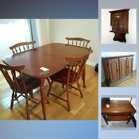 MaxSold Auction: This online auction includes fine bone china such as Royal Albert furniture such as solid maple dining table with chairs, upholstered sofa with wood trim, and IKEA bed frame, Elegance vacuum, small kitchen appliances, bakeware, glassware, kitchenware, floor lamps, wall art, shelving and much more!