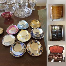 MaxSold Auction: This auction features Sterling Silver Cutlery, Wood Writing Desk, Wood Writing Desk, Vintage Upholstered Chairs, Upholstered Settee, lamps, Antique Wood Vanity, Vintage China Cabinet, Sterling Silver Brush, Vintage Cameras, Limoges China, Royal Worcester China and much more!