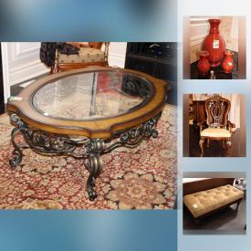 MaxSold Auction: This online auction features a credenza, Thomasville dining table and chairs, homesense rug, glassware, decor, art, lamps, upholstered bench, rocking chair, lantern, bench couch, collectors cabinet, cutlery and glassware, vases, fish sculptures and more!