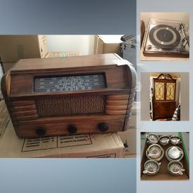 MaxSold Auction: This online auction features Vintage RCA Victor tube radio, radio tubes; glass lantern slides; Art Deco lighting fixtures and shades; singer sewing machine in wooden case; Fairbank scale; Hockey game; suitcases; Johnson outboard motor. China such as Wedgwood "Primrose" dishes and serving pieces, Denby "Greenwheat" stoneware, Royal Stafford tea cup sets. Crystal and glass serving pieces and glassware. Silver plate/copper/ brass. Electronics such as computer components, stereo components and computer components, a security system. Collectible Hummels; pottery; Toys - vintage Dinky, Matchbox, boats and planes; vintage comic books and postcards. Camera equipment, projectors including vintage Viewlixi and Argus. New looking Patio umbrella, teak patio table, several woven wicker chairs. Avita rowing amchine, weights. Michelin 2 - ton jack. Tools such as power tools, painting supplies, ladders, hardware, handcart, antique and vintage woodworking tools. Fly fishing rod and caddy. Yard and Garden tools and much more!