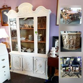 MaxSold Auction: This auction features Deco Vanity, Dimplex Heater, Ornate End Tables, Table and Chairs, Secretary Desk, Costume Jewelry, China, Guilded Wood Mirror, Rolling House Cart, Dry Sink, Bombay Side Table and much more!