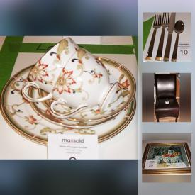 MaxSold Auction: This online auction features fine china such as Wedgwood and Noritake, seasonal decor by Pier 1, furniture such as leather chairs, coffee table, wine hutch, and tub chair, glassware such as Noritake, home decor such as framed prints, diptych, table lamps, shelving, hanging light fixtures, and framed ceramic tile print, cutlery such as Heritage and Pier 1, cookware such as Crock Pot brand rice cooker, and much more!