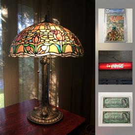 MaxSold Auction: This auction features Coca Cola Sign, collector plates, Centennial Dollar Bills, Royal Albert Petit Point China Tea Cups & Saucers, comics, Tiffany Style Table Lamp, Star Wars Toys, wall clock, Stained Glass Window Panel and much more!