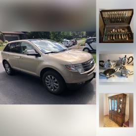 MaxSold Auction: This online auction features a 2007 Ford Edge SEL, jewelry such as diamond and ruby ring, and an emerald and diamond ring, glassware such as etched glasses and pinwheel glasses, furniture such as Dielcraft dining table and chairs, Dielcraft china cabinet, Sklar Peppler loveseats, wing-back chairs, computer desk, and Dielcraft sideboard, decor such as Jasper oil painting, Par G. Leroux bust, tulip hanging light fixture, photographic equipment such as a Kodak brownie camera, Kodak movie projector, Da Lite protection screen, and mini bar Logan lite, sports equipment such as golf clubs, Coleman camping stove, and sleeping bags, tools such as Beaver table saw, outdoor furniture such as patio table and patio chairs, lounge chairs, and sun umbrella, and much more!