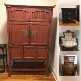 MaxSold Auction: This online auction features FURNITURE: Dining room and bedroom suites, ANTIQUE CHAIRS to IKEA STORAGE PIECES. RETRO Step-back end table with mosaics. Vintage drop front desk. GLASS: Brands such as Nautica and Dansk and much more!