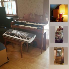 MaxSold Auction: This online auction features Furniture: China hutch, dining table and chairs; kitchen table and chairs; several bedroom suites including two double canopy beds; Unusual - Chinese daybed; Leather platform bed with matching leather glass-topped night tables. Decor: Asian black lacquer trunk, wall art, ceramics. Musical instruments: Organ, Casio keyboard, ChromAharp, Yamaha digital drum kit. China: Mitterteich, Bavaria "Daisy Bell" service for 12 with extras and serving pieces. Glass/crystal: Punch bowl kit, bar ware. Art. Home Improvement: Glass door knobs. Yard and Garden: Toro Recycler gas mower and electric snow mover. GE mini fridge. Exercise Equipment: DP BodyTone 300 rowing machine, DP BodySmith weight bench and much more!