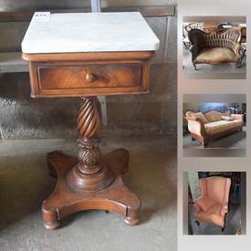 MaxSold Auction: This online auction features furniture such as Victorian-style chairs with needlepoint seats, marble-top occasional table, antique commode, bookshelf, antique dresser, and antique settee, tools such as Delta Shopmaster table saw, Craftsman mitre saw with extra blades, Trademaster bench grinder, Mastercraft wet/dry vacuum, and telescopic ladder, decor such as hand-painted wood screen, wheeled hassock, signed engravings, and brass planter, copper such as boiler and ladle and much more!