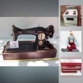 MaxSold Auction: This online auction features Dirt Devil FeatherLite  Cyclonic Vacuum, Old Singer Sewing Machine, Wooden Model Sailboat, BBQ, Radio Flyer Wagon, clown, Electric wood stove, Duncan Phyfe table, Viking sewing machine, quilt, bike trailer and much more!