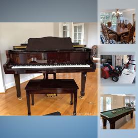 MaxSold Auction: This online auction features a Hobart M. Cable Baby Grand piano. A Schoenbeck crystal chandelier. Furniture: Carved teak set - sofa, three chairs, coffee and 3 side tables, corner cabinets; Dining room suite, plus several more table and chairs sets; office furnishings; many patio table, chairs, loveseat, armchairs and ottomans; Bedroom suites: Four poster and canopy beds with nightstands, chest of drawers. Exercise Equipment: Hoist Gym and a NIB Gazelle Fitness Trainer, Nordic Track AudioRider Bike, 2 Ab Machines and more! Appliances: GE and Hotpoint fridges, Acme mini fridge. Two sets washers and dryers. Yard and Garden: MTD SnowBlower, yard tools. Recreational: Olhausen Billiards table with ping pong top, Performance Games Air Hockey Table. Sporting goods: Including adult and kid's bicycles, golf clubs, bags and travel bag. Tools. China: Royal Gallery "Gold" service for 8, Sri Lanka; Pointsettia and Ribbons Christmas dish set. Glass and Crystal: Cut serving pieces, stemware, barware, Sworvski figurines. Jade Sculpture. Silver plate and much more!