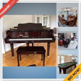 MaxSold Auction: This online auction features a Hobart M. Cable Baby Grand piano. A Schoenbeck crystal chandelier. Furniture: Carved teak set - sofa, three chairs, coffee and 3 side tables, corner cabinets; Dining room suite, plus several more table and chairs sets; office furnishings; many patio table, chairs, loveseat, armchairs and ottomans; Bedroom suites: Four poster and canopy beds with nightstands, chest of drawers. Exercise Equipment: Hoist Gym and a NIB Gazelle Fitness Trainer, Nordic Track AudioRider Bike, 2 Ab Machines and more! Appliances: GE and Hotpoint fridges, Acme mini fridge. Two sets washers and dryers. Yard and Garden: MTD SnowBlower, yard tools. Recreational: Olhausen Billiards table with ping pong top, Performance Games Air Hockey Table. Sporting goods: Including adult and kid's bicycles, golf clubs, bags and travel bag. Tools. China: Royal Gallery "Gold" service for 8, Sri Lanka; Pointsettia and Ribbons Christmas dish set. Glass and Crystal: Cut serving pieces, stemware, barware, Sworvski figurines. Jade Sculpture. Silver plate and much more!