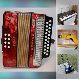 MaxSold Auction: This auction features Bosch Laser Level, Amsec ES913 Safe, Hohner 'Erica" accordion, Dewalt drill, Ukelele Soprano Mahalo, Casio Keyboard, Denon Amplifier, Snowblower and much more!