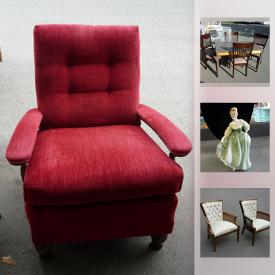 MaxSold Auction: This online auction features upholstered Armchairs, Sterling silver, Antique Leather-bound Copy of "Debrett's Baronetage of England", Solid Oak Armoire with Drawers, Solid Oak Standing Shelving Towers, Solid Oak filing cabinet, Oriental painting of a bird and flowers, Crown Dorset Staffordshire teapot, Royal Albert Lavender Rose pattern dishes, Sony bravia 34" tv, Beleek vase, and much more!